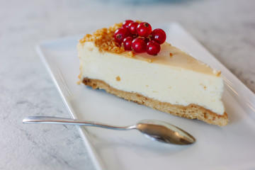 Cheesecake with red currant berries on white plate.