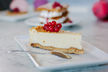 Cheesecake with red currant berries on white plate.