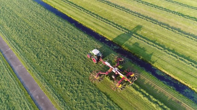 Aerial top down view of agricultural scene flying high latitude behind green tractor raking the grass and lining it up for pickup the dried grass hay is used as animal fodder for cattle food 4k