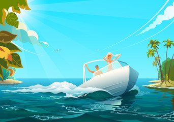 People on boat in ocean, vector illustration of man and woman riding a boat at shore in ocean in sunny day.