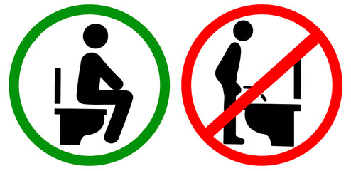 Do not pee to closet while standing,  do by sitting on the toilet red green circle warning prohibition sign