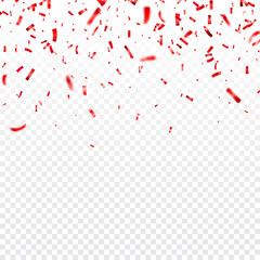 Christmas, Valentines day red confetti on transparent background. Falling shiny confetti glitters. Festive party design elements.