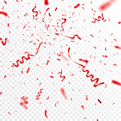 Christmas, Valentines day red confetti with ribbons on transparent background. Falling shiny confetti glitters. Festive party design elements.