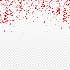 Christmas, Valentines day red confetti with ribbons on transparent background. Falling shiny confetti glitters. Festive party design elements.