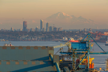 View of Mount Baker and Vancouver BC Canada at Sunset