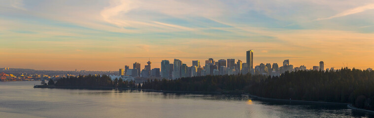 Vancouver BC Canada Skyline Along Stanley Park at Sunset