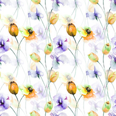 Seamless pattern with Tulips, Poppy and Sweet pea flowers