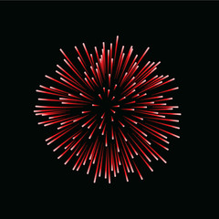 Beautiful red firework. Bright firework isolated on black background. Light red decoration firework for Christmas, New Year celebration, holiday, festival, birthday card. Vector illustration
