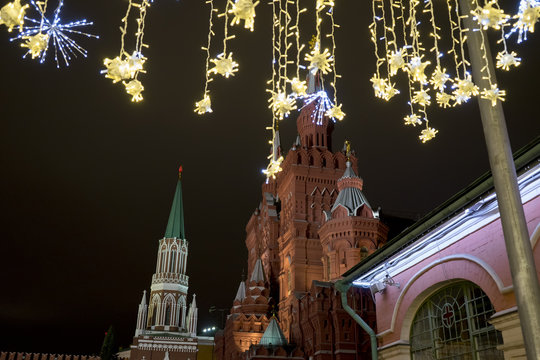 Towers of Moscow Kremlin and Christmas decoration