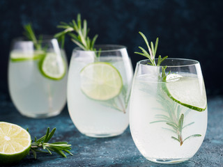 Glasses of alcoholic coctail with fresh rosemary and lime on blue background.