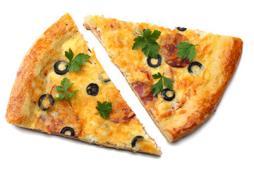 Piece of pizza with olives isolated on white background. top view