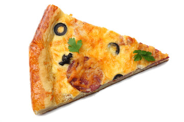 Piece of pizza with olives isolated on white background. top view