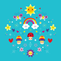 Fototapeta na wymiar butterflies rainbow flowers mushrooms hearts nature illustration