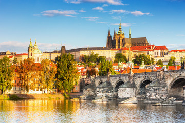 Prague historical center with the castle,Hradcany,Charles bridge and Vltava river, Prague, Czech Republic