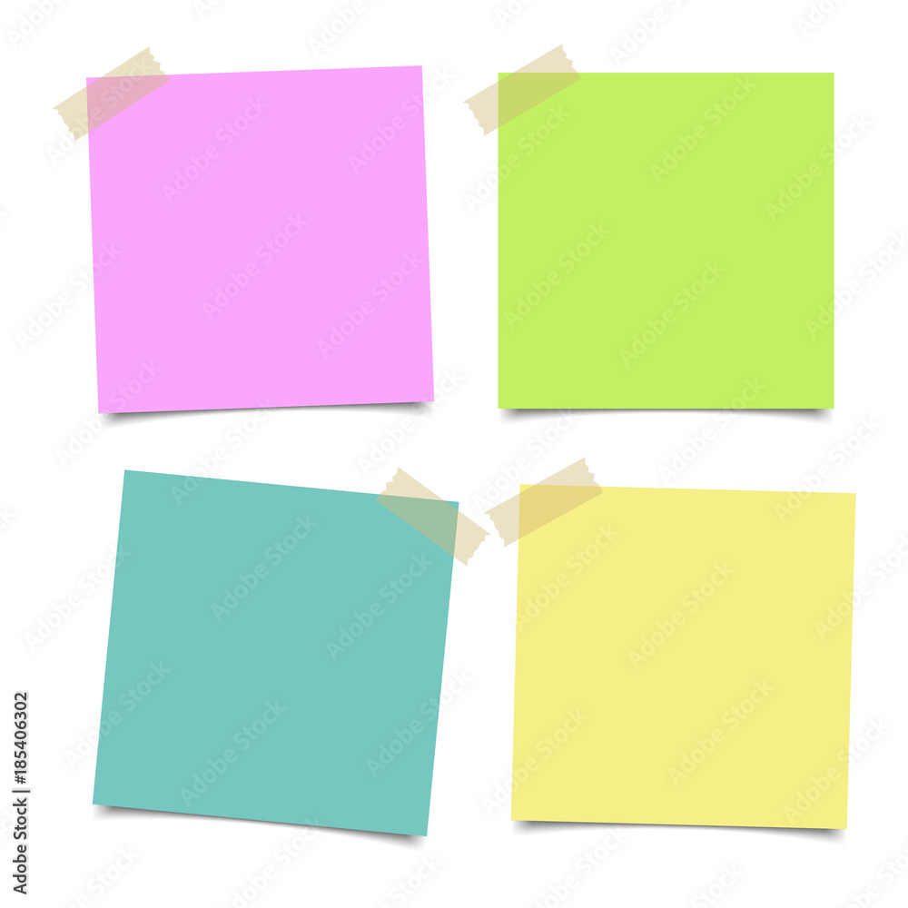 Poster set of various colorful papers on sticky tape, ready for your message. vector illustration