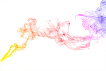 Coloured stream smoke on white background swirls up.