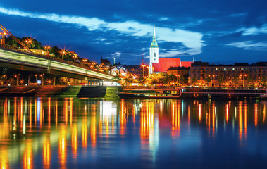 Saint Martins cathedral and Danube river in historical center of Bratislava city, Slovakia