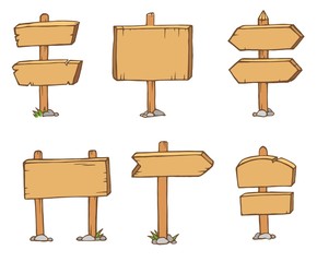 Old wooden blank cartoon sign boards isolated on white vector. Arrows billboard plank illustration, for your web design.
