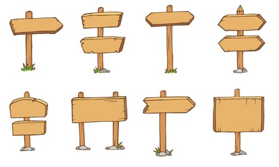 Old wooden blank cartoon sign boards isolated on white vector. Arrows billboard plank illustration, for your web design.