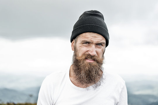 Hipster With Long Beard Hair, Mustache On Bearded Face