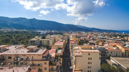 Fototapeta na wymiar Aerial view of Sorrento city, Meta, Piano coast, Italy, street of mountains old city, tourism concept