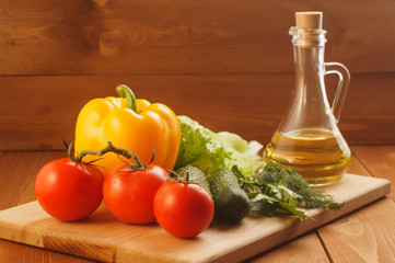 Fresh vegetables, ready for cooking. Vegetable oil