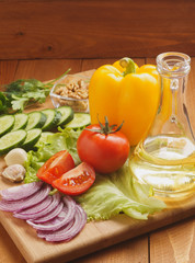 Vegetables, cucumbers, onions. Tomatoes, vegetable oil.