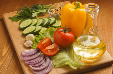 Vegetables, cucumbers, onions. Tomatoes, pepper, vegetable oil.