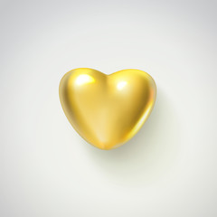 Golden realistic heart isolated on white background. 3d vector illustration of metallic luxury heart shape. Happy Valentines day greeting card template or wedding sign. Love and romance theme.