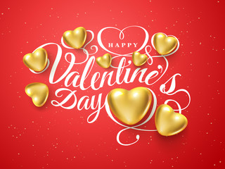 Happy Valentines day. Font composition golden realistic heart isolated on red background. Vector beautiful Holiday romantic illustration. Paper craft style. Wallpaper, flyer,invitation,poster,banner.
