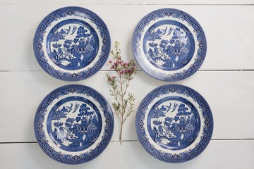 Empty plates and flower on white background