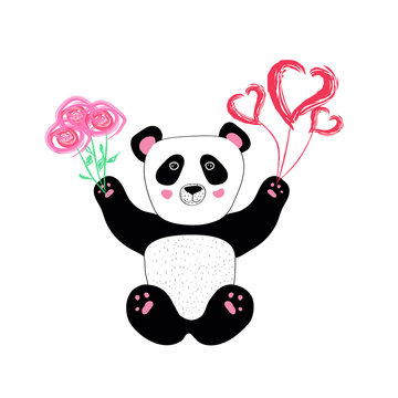 Cute panda hand drown character. Panda bear Valentine with flowers and balloons hearts. Doodle panda icons, Asian Bear images for little kids, for greeting card. AI10