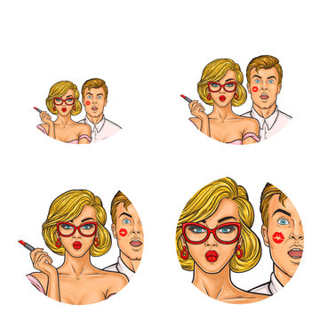 Vector set of round avatar icons isolated on background. Blonde sexy girl in glasses painted lips with red lipstick and kissed a man. He is excited and surprised, stands with open mouth. Pop art style