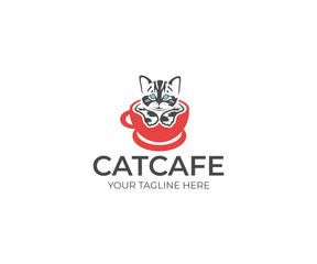 Cat in the Cup Logo Template. Animal Vector Design. Pet Illustration