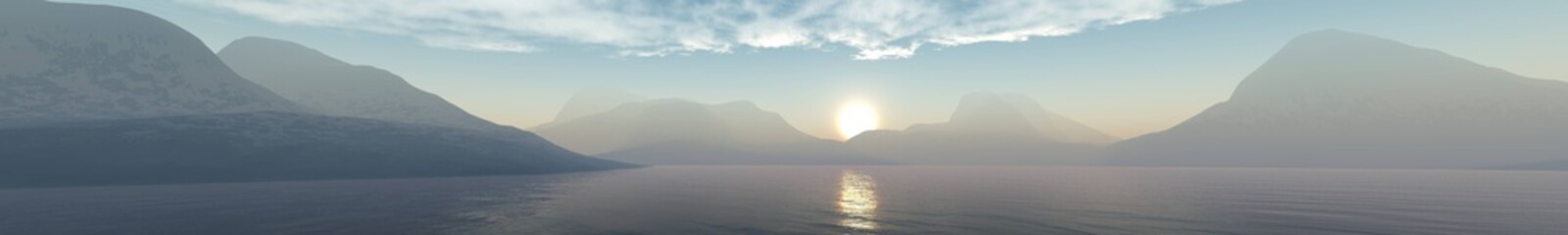Fototapeta premium Mountain landscape. panorama of the mountains during the sunset with a lake and clouds.