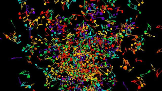 Animated a lot of colorful music notes bursting or flying toward camera in slow motion and against black background, mask included.