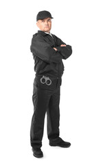 Male security guard standing on white background