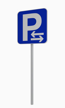 Deutsches Verkehrsschild: Parken in Pfeilrichtung (rechts und links) erlaubt, auf weiß isoliert.