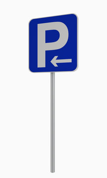 Deutsches Verkehrsschild: Parken in pfeilrichtung (links) erlaubt, auf weiß isoliert.
