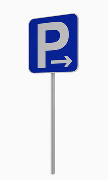 Deutsches Verkehrsschild: Parken in pfeilrichtung (rechts) erlaubt, auf weiß isoliert.