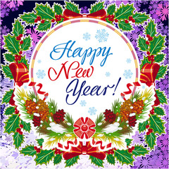 Winter holiday greeting card with Christmas decorations and artistic written text 