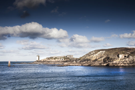 Lighthouse towers and german bunker coastline in atlantic wall, Conquet harbor,  france