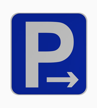 Deutsches Verkehrsschild: Parken rechts erlaubt, auf weiß isoliert.