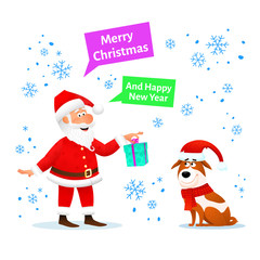 Merry Christmas card. Funny Santa Claus with Xmas gift and dog in red hat on Christmas background with snowflakes. Holiday banner or poster. New Year decoration design. Cartoon vector illustration.