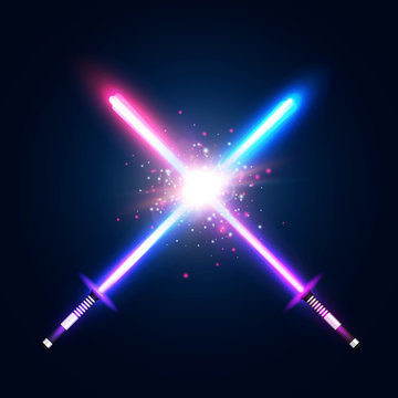 Two crossed light neon swords fight. Blue and violet crossing laser sabers war. Club logo or emblem. Glowing rays in space. Battle elements with star, flash and particles. Colorful vector illustration