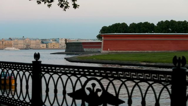 The Peter and Paul Fortress, fence embankment with the Russian coat of arms