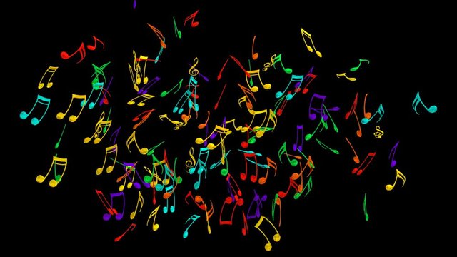 Animated a lot of colorful music notes suspended in air and dancing or jiggling against black background and in slow motion. Mask included.