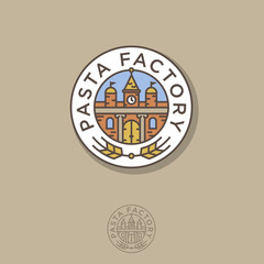 Pasta Factory logo. Italian pasta, flour products logo. The building and spikelets are a round emblem. Towers, clocks, roofs and gates.