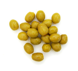 bunch of stuffed green olives on a white background