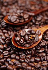 A wood spoon with roasted coffee. Coffee Beans Background. Close Up.